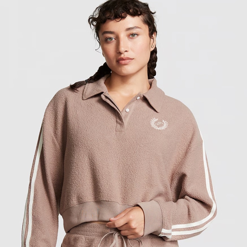 Victoria’s Secret PINK REVERSE FLEECE CROPPED POLO SWEATSHIRT-XL